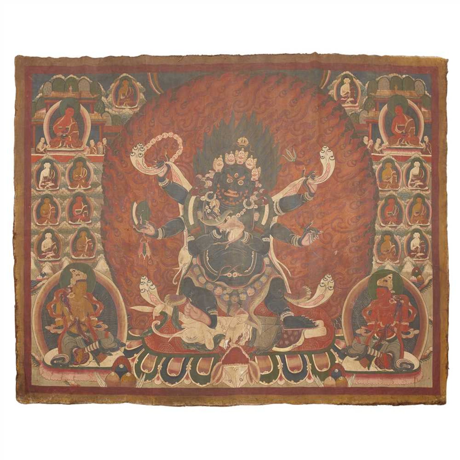 LARGE THANGKA DEPICTING SIX-ARMED MAHAKALA QING DYNASTY, 18TH CENTURY