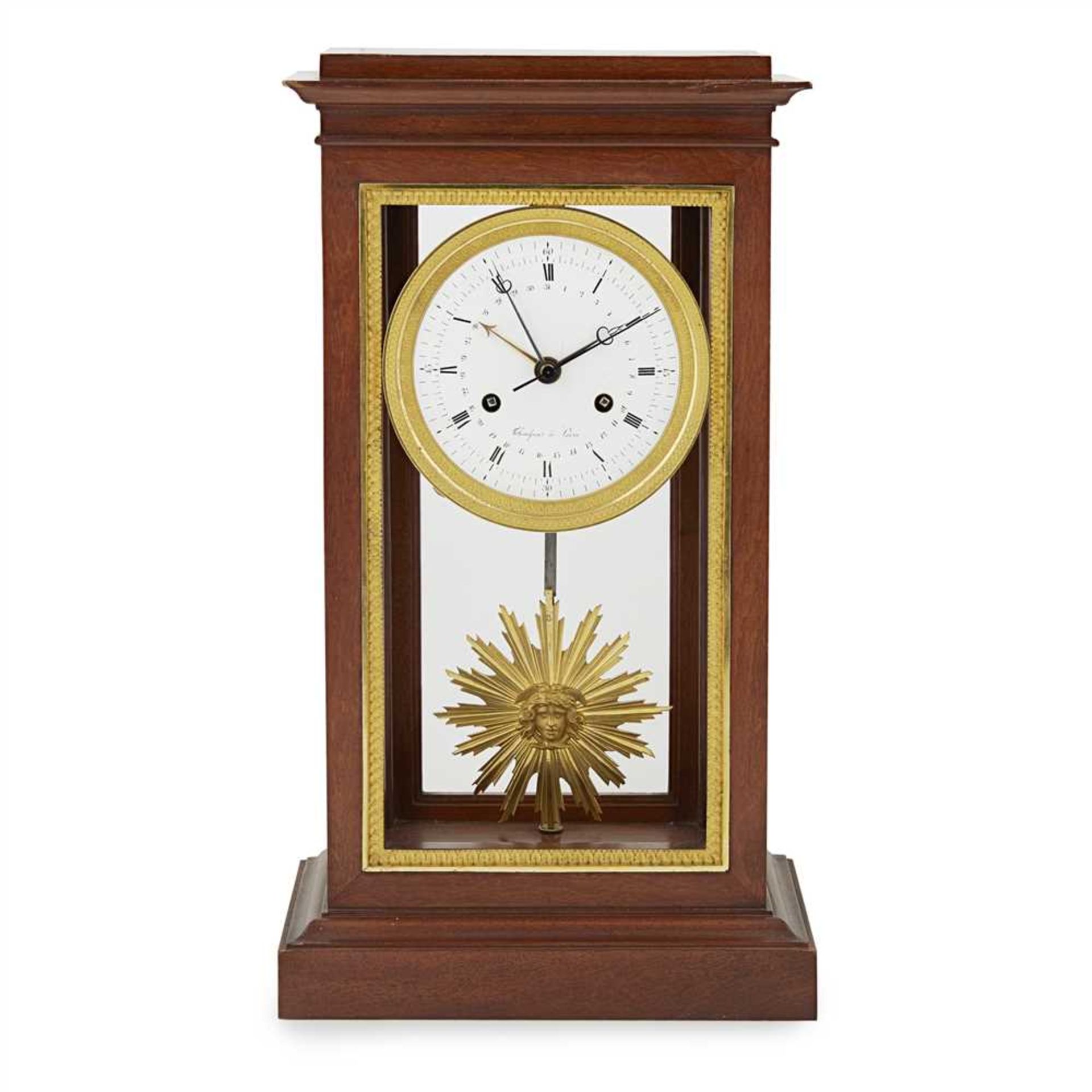 FRENCH EMPIRE MAHOGANY AND GILT METAL PORTICO CLOCK, THONISSEN, PARIS EARLY 19TH CENTURY