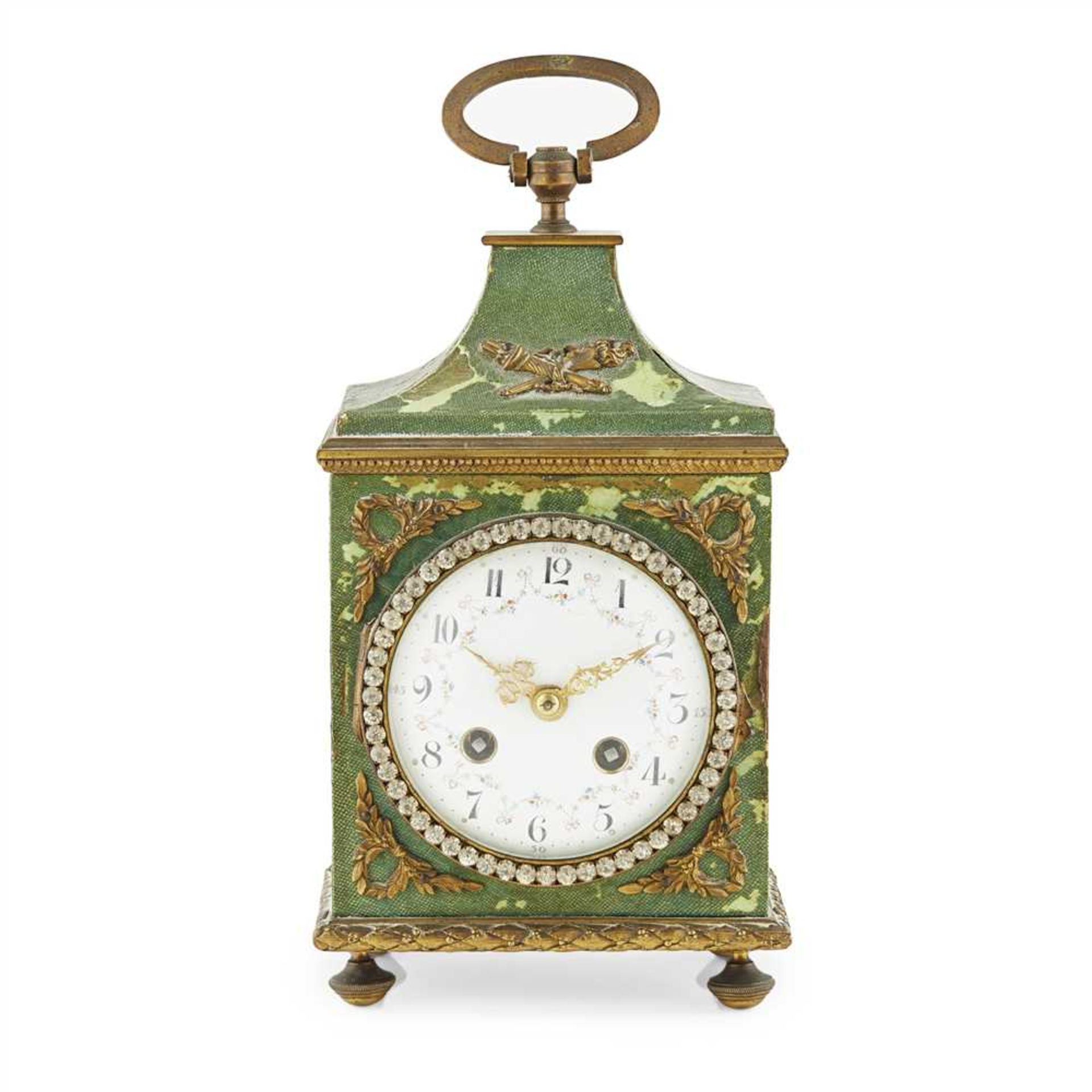 FRENCH BRASS AND FAUX SHAGREEN PENDULE D'OFFICIER LATE 19TH CENTURY