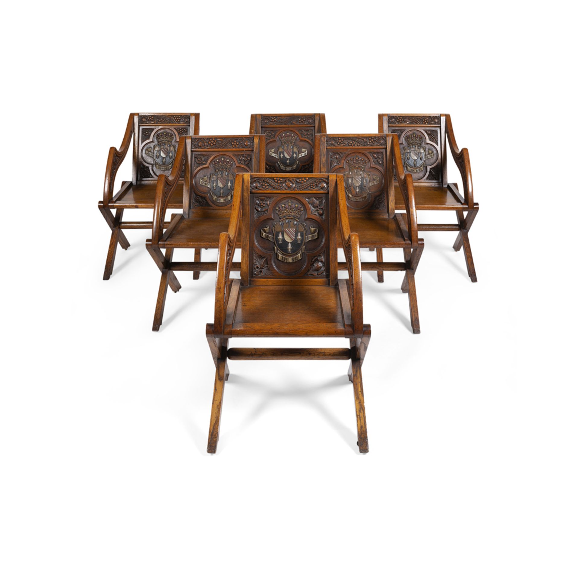 SET OF EIGHT EARLY VICTORIAN OAK AND POLYCHROME HERALDIC 'GLASTONBURY' CHAIRS, BEARING THE LOVELACE - Image 2 of 4