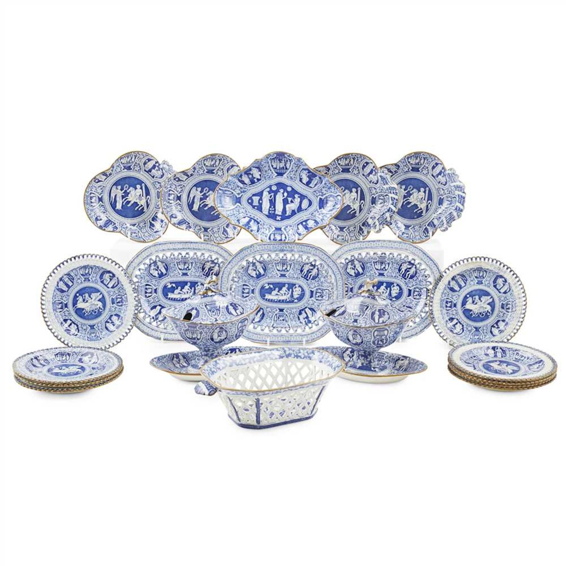 ASSEMBLED ENGLISH PART 'GREEK' PATTERN PEARLWARE DESSERT SERVICE FIRST HALF 19TH CENTURY