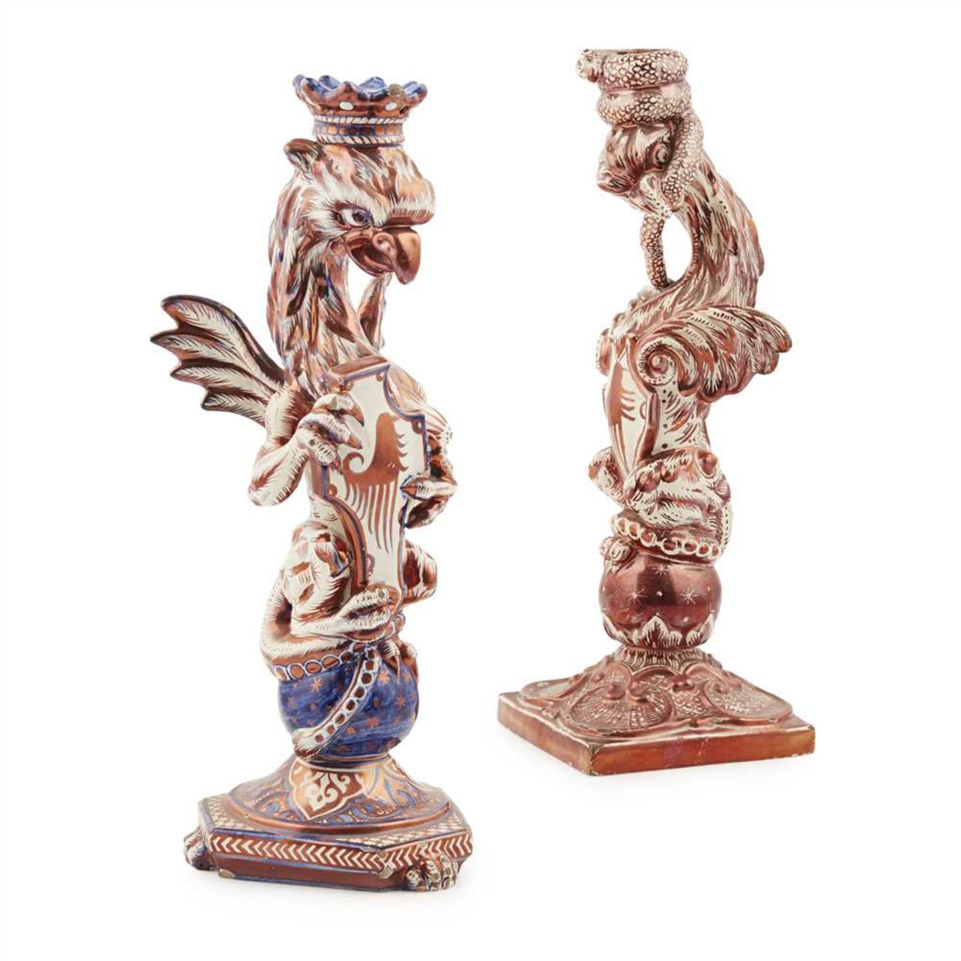 TWO CANTAGALLI RUBY-LUSTRE FIGURAL CANDLESTICKS LATE 19TH CENTURY