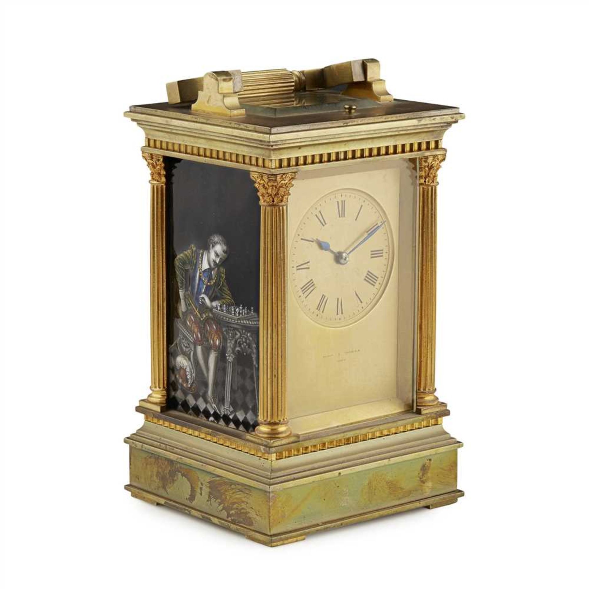 FRENCH LIMOGES ENAMEL AND GILT BRASS REPEATER CARRIAGE CLOCK LATE 19TH/ EARLY 20TH CENTURY