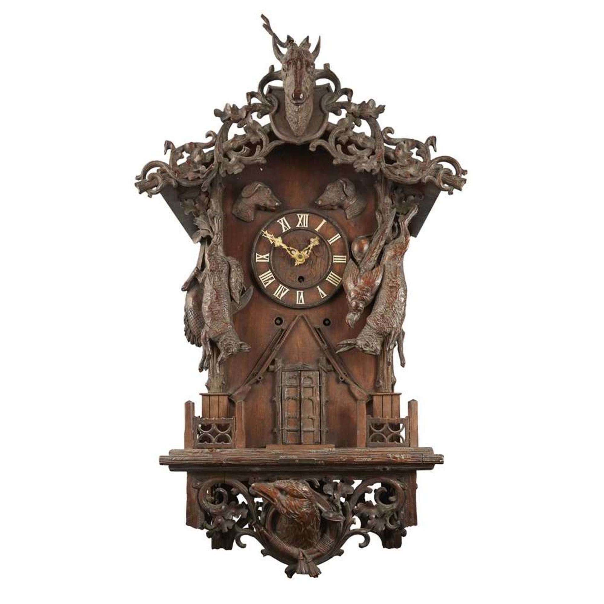 LARGE BLACK FOREST CARVED WALL CLOCK BY EMILIAN WEHRLE, RETAILED BY THE MORATH BROTHERS, LIVERPOOL