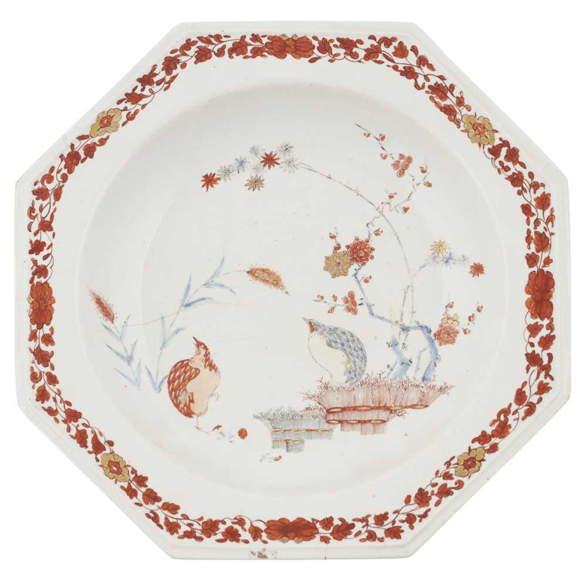 CHELSEA KAKIEMON 'QUAIL' PATTERN DISH MID-18TH CENTURY