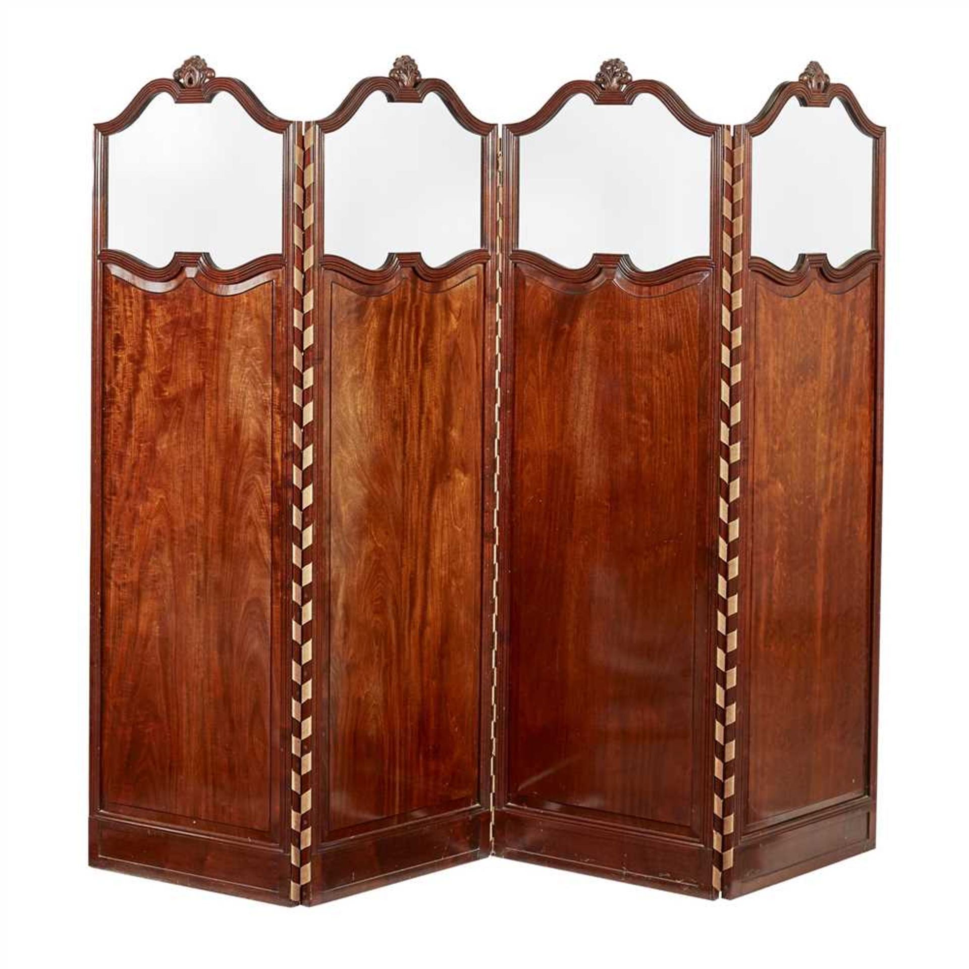 EDWARDIAN CARVED MAHOGANY AND GLAZED FOUR-FOLD SCREEN EARLY 20TH CENTURY