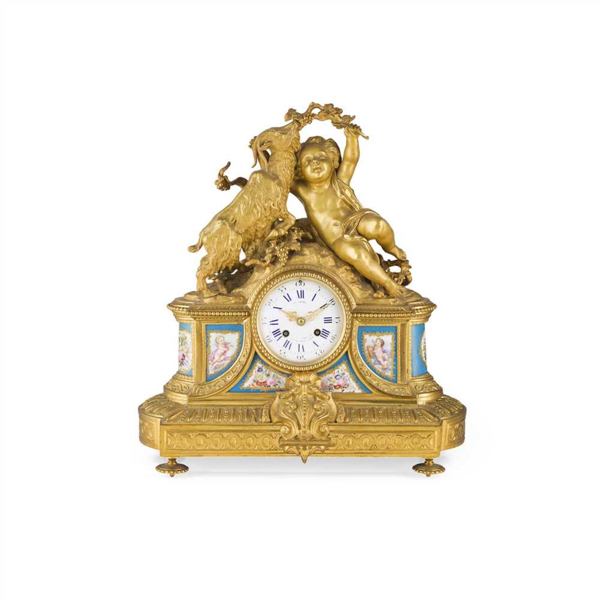 LOUIS XV STYLE PORCELAIN MOUNTED GILT BRONZE MANTEL CLOCK, JAPY FRERES, PARIS 19TH CENTURY