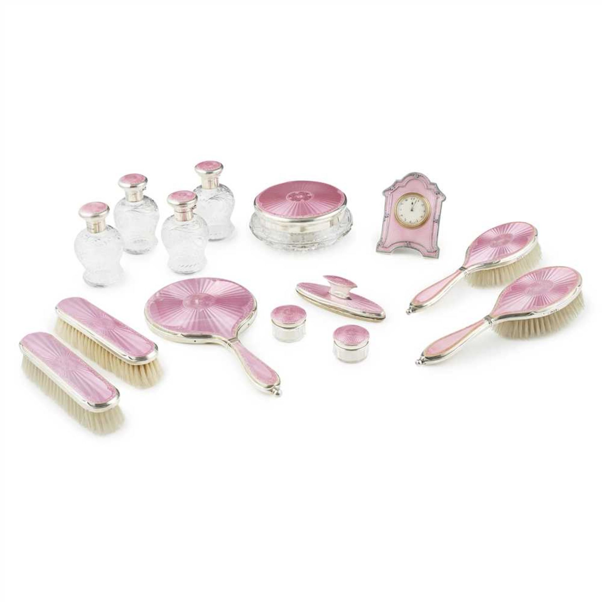 ENGLISH SILVER AND PINK ENAMELLED DRESSING SET SECOND QUARTER 20TH CENTURY