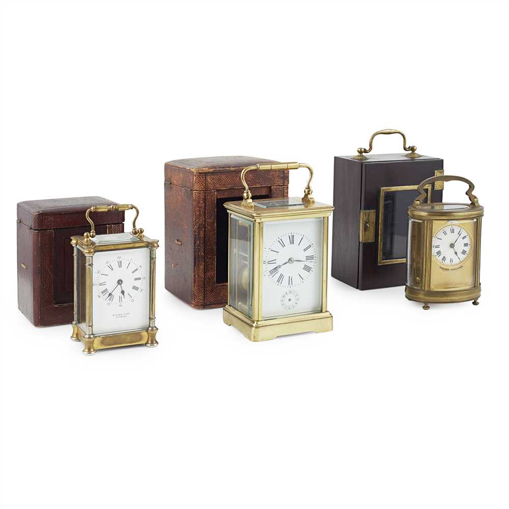 THREE LACQUERED BRASS CASED CARRIAGE CLOCKS LATE 19TH/ EARLY 20TH CENTURY