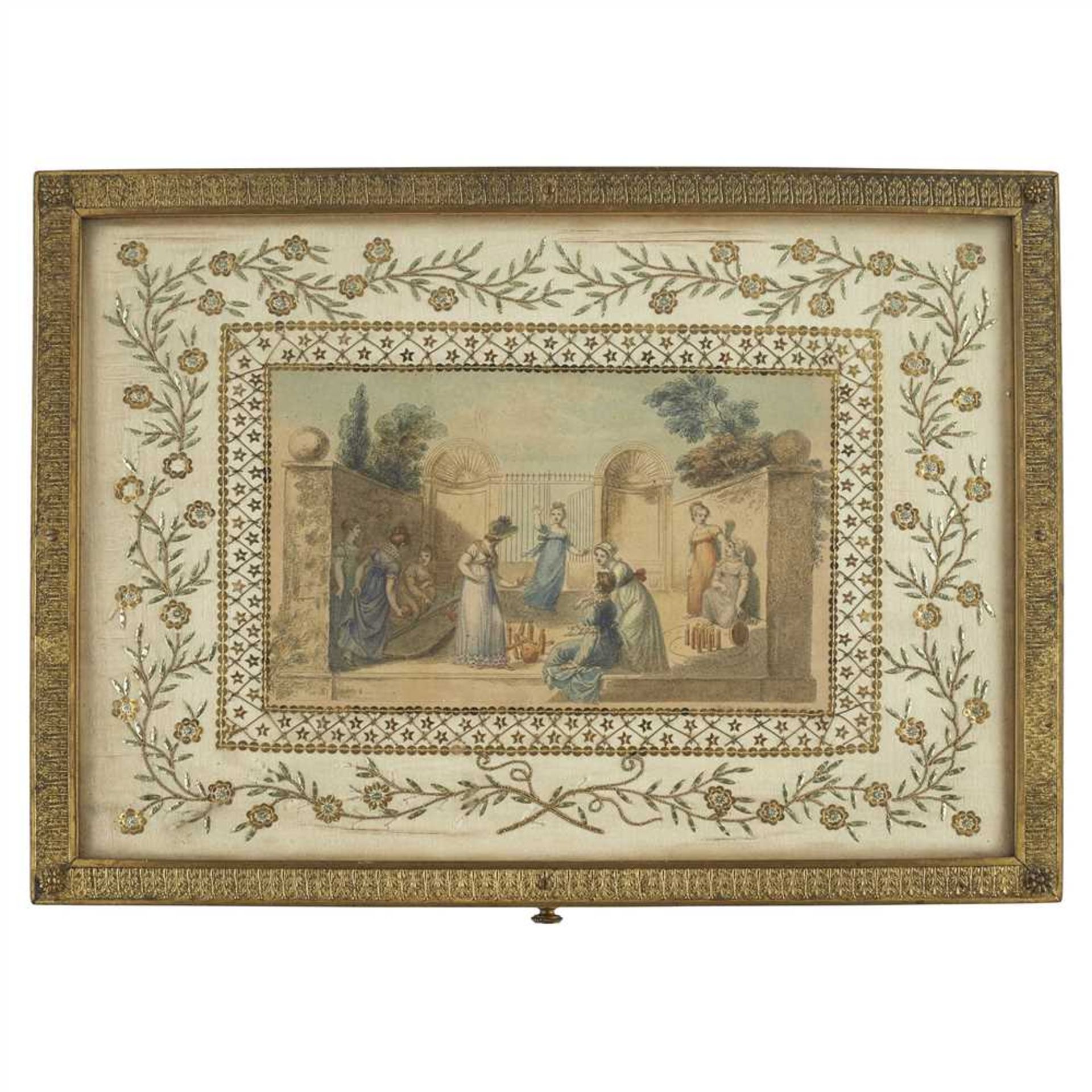 FRENCH PALAIS ROYALE SILK, NEEDLEWORK, PAPER AND GILT METAL MOUNTED BOX LATE 19TH CENTURY - Image 2 of 2