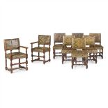 SET OF EIGHT CAROLEAN STYLE OAK AND POLYCHROME LEATHER DINING CHAIRS LATE 19TH/ EARLY 20TH CENTURY