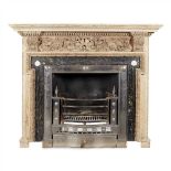 GEORGE III STRIPPED PINE AND MARBLE FIRE SURROUND AND POLISHED STEEL REGISTER GRATE 18TH CENTURY