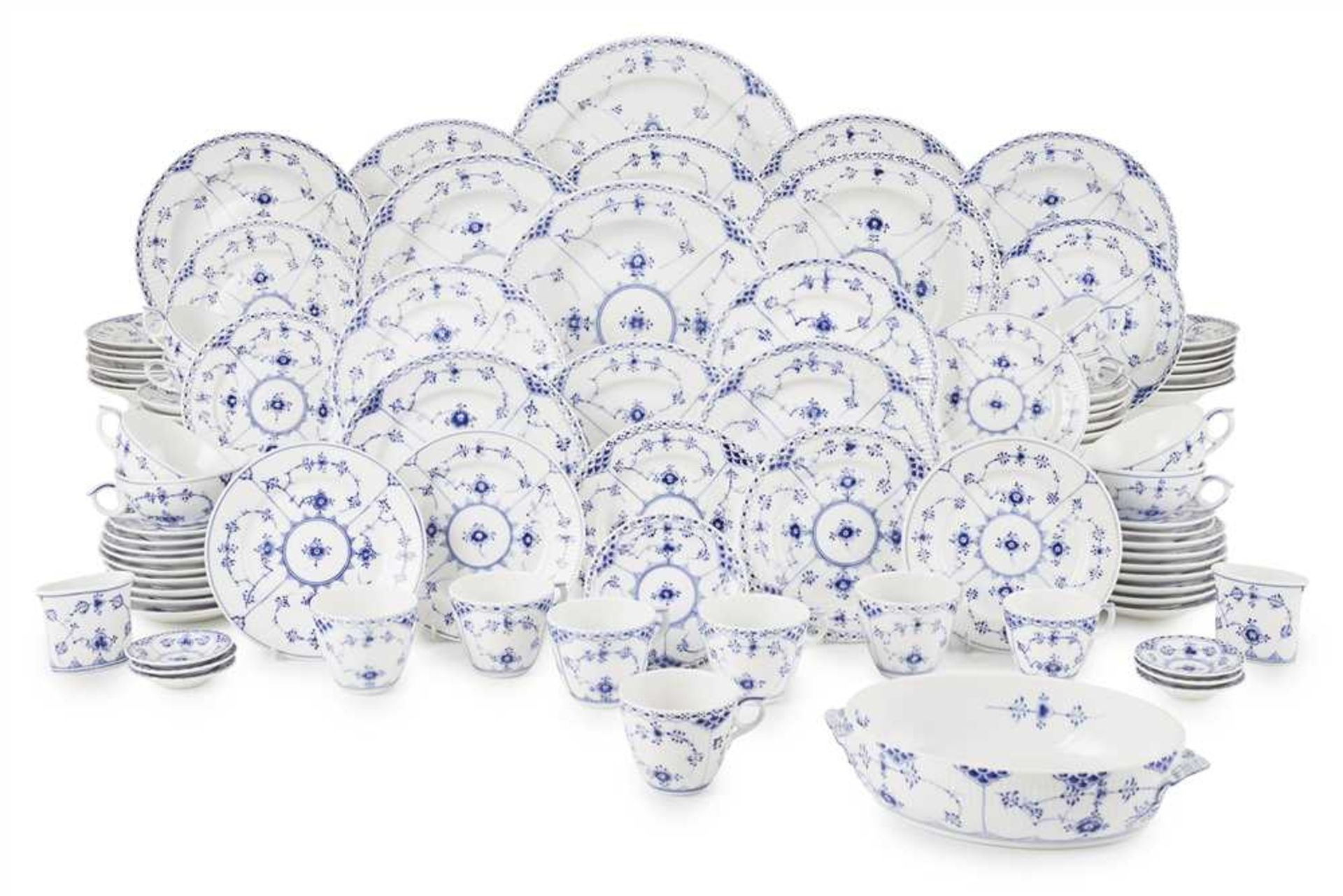 ASSEMBLED ROYAL COPENHAGEN BLUE AND WHITE PORCELAIN PART DINNER SERVICE 20TH CENTURY