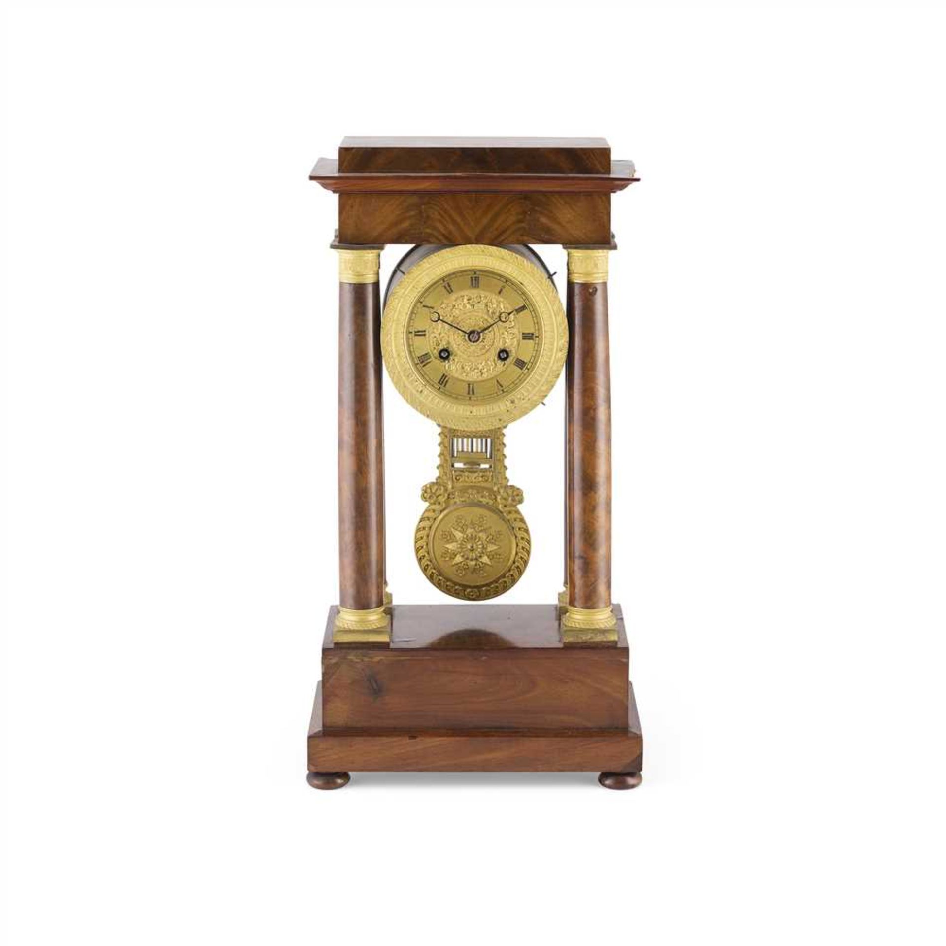 FRENCH EMPIRE WALNUT PORTICO CLOCK EARLY 19TH CENTURY