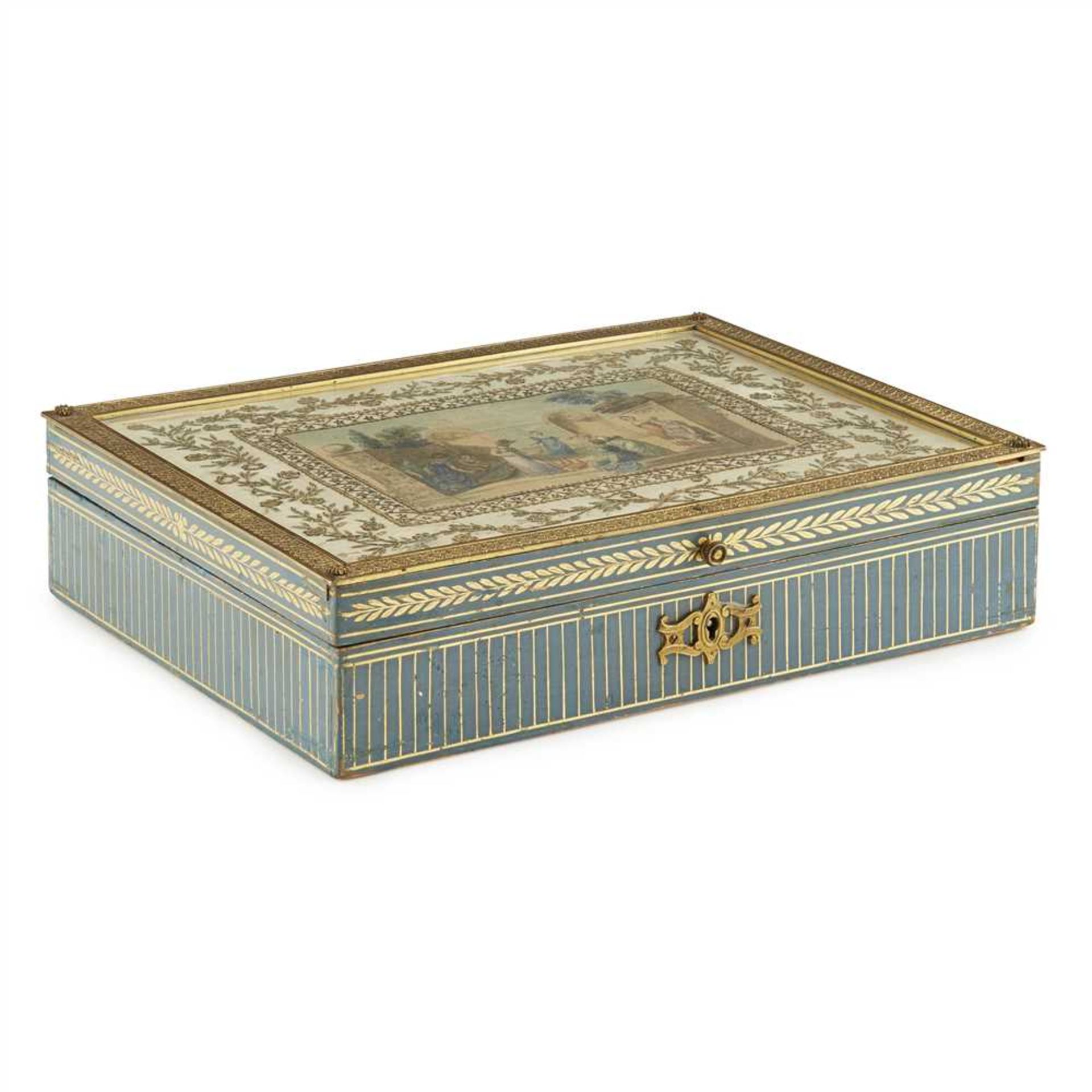 FRENCH PALAIS ROYALE SILK, NEEDLEWORK, PAPER AND GILT METAL MOUNTED BOX LATE 19TH CENTURY