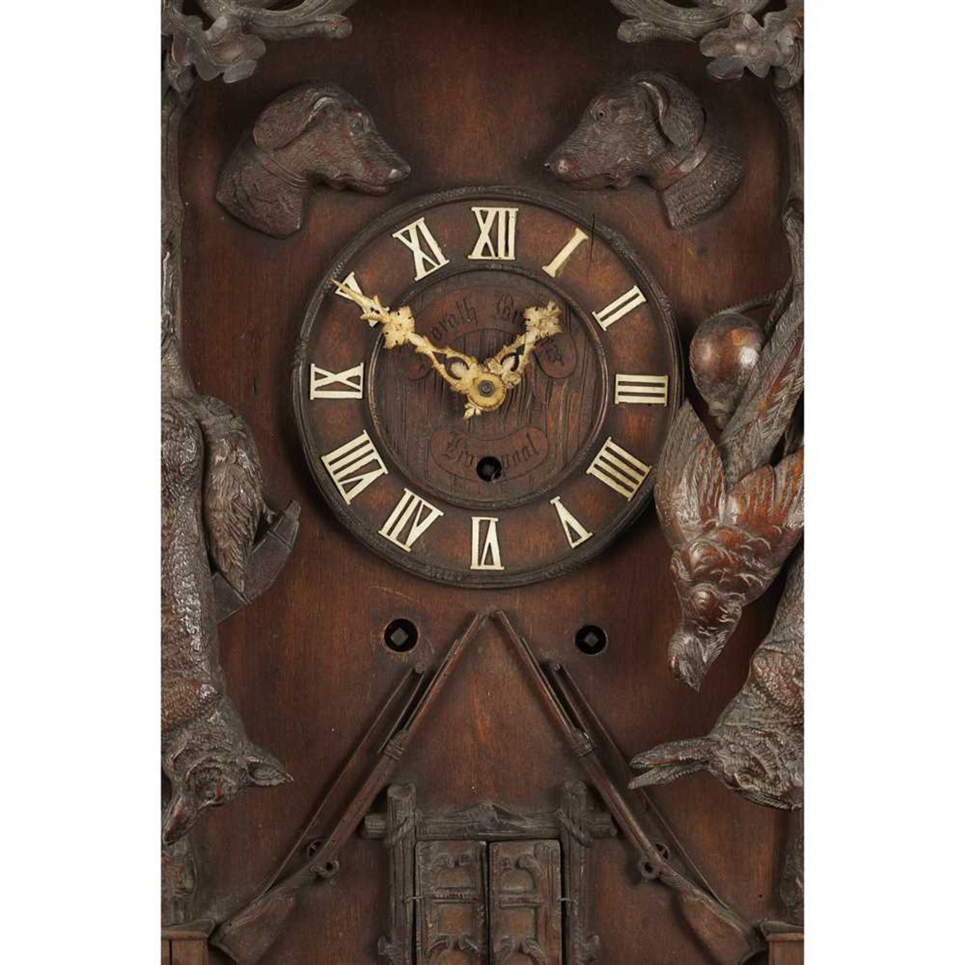 LARGE BLACK FOREST CARVED WALL CLOCK BY EMILIAN WEHRLE, RETAILED BY THE MORATH BROTHERS, LIVERPOOL - Image 3 of 4