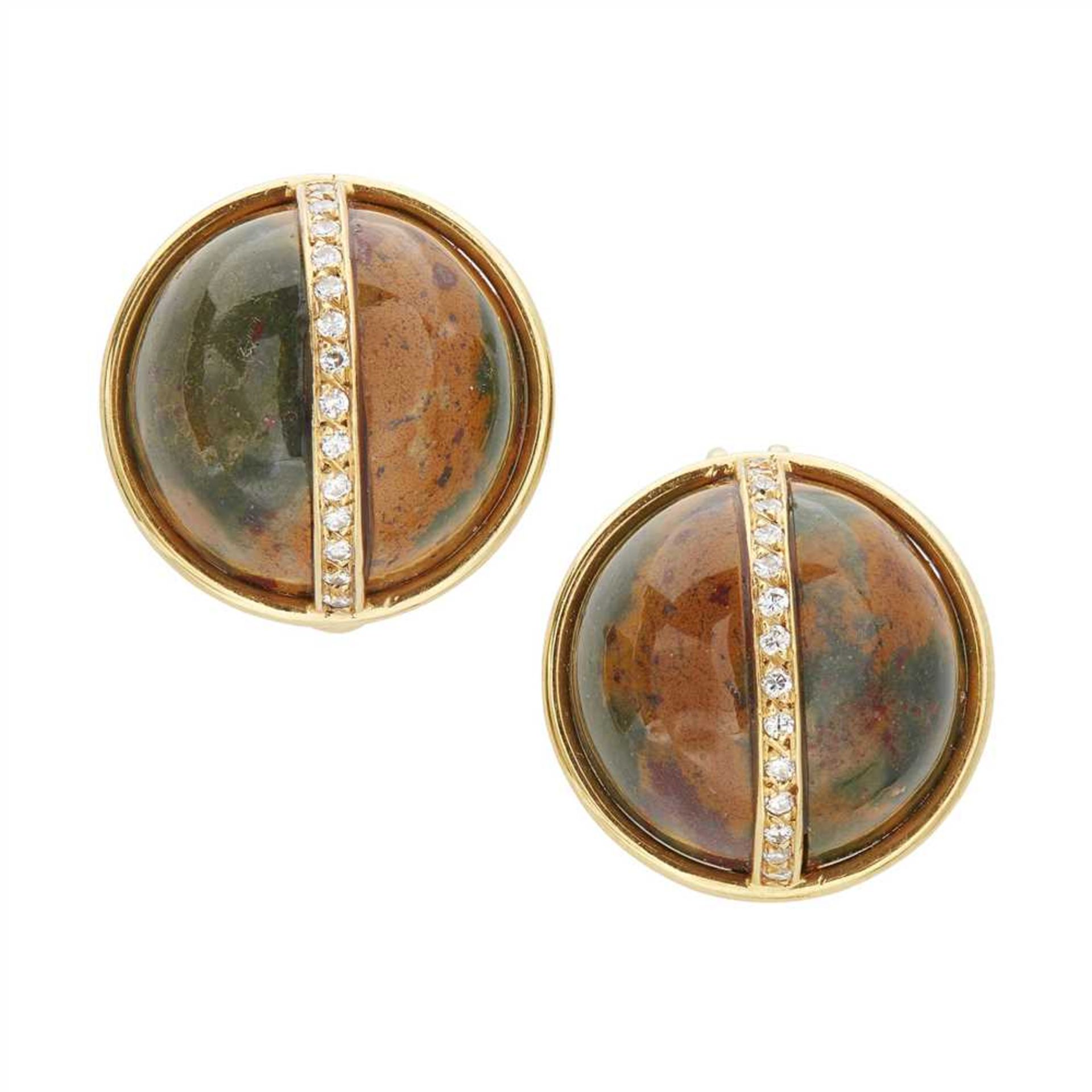 A pair of jasper and diamond set earrings