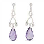 A pair of diamond and amethyst pendant earrings