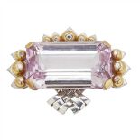 A French 1930s/1940s kunzite and diamond set brooch