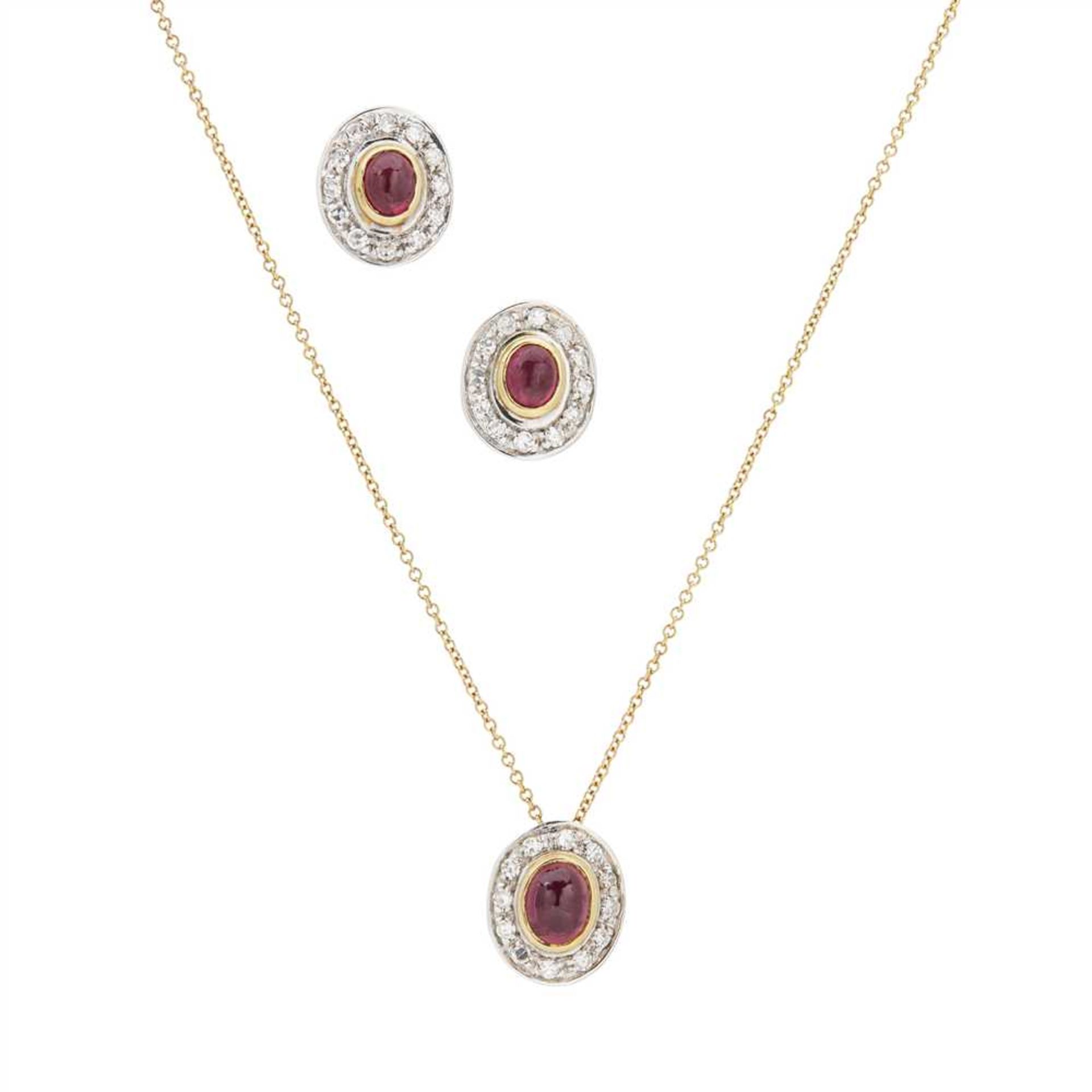 A ruby and diamond set cluster pendant and a pair of earrings