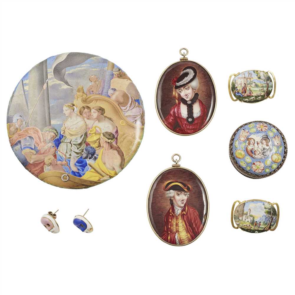 A group of enamel jewellery and other items