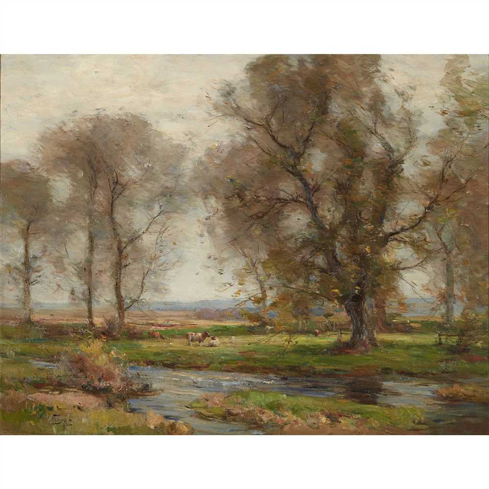 § WILLIAM MILLER FRAZER R.S.A. (SCOTTISH 1864-1961) CATTLE GRAZING IN A WOODED RIVER LANDSCAPE