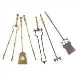 ENGLISH SCHOOL SET OF THREE ARTS & CRAFTS BRASS AND WROUGHT IRON FIRE IRONS, CIRCA 1900 comprising a