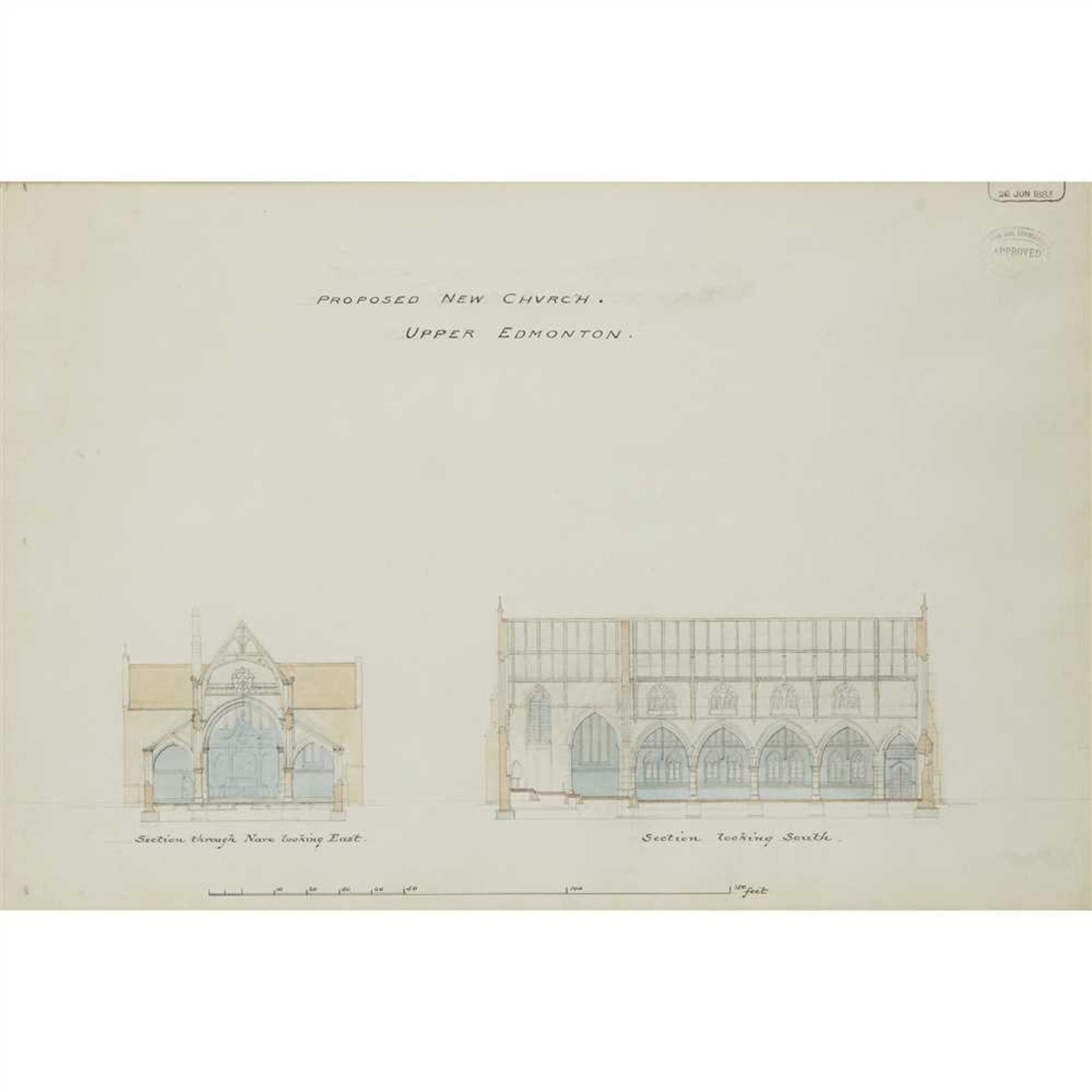 WILLIAM BUTTERFIELD (1814-1900) PROPOSED NEW CHURCH: UPPER EDMONTON, FOUR GOTHIC REVIVAL DRAWINGS, - Image 7 of 10