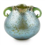 LOETZ, AUSTRIA TWIN-HANDLED IRIDESCENT GLASS VASE, CIRCA 1910 of bulbous form with twin scrolled