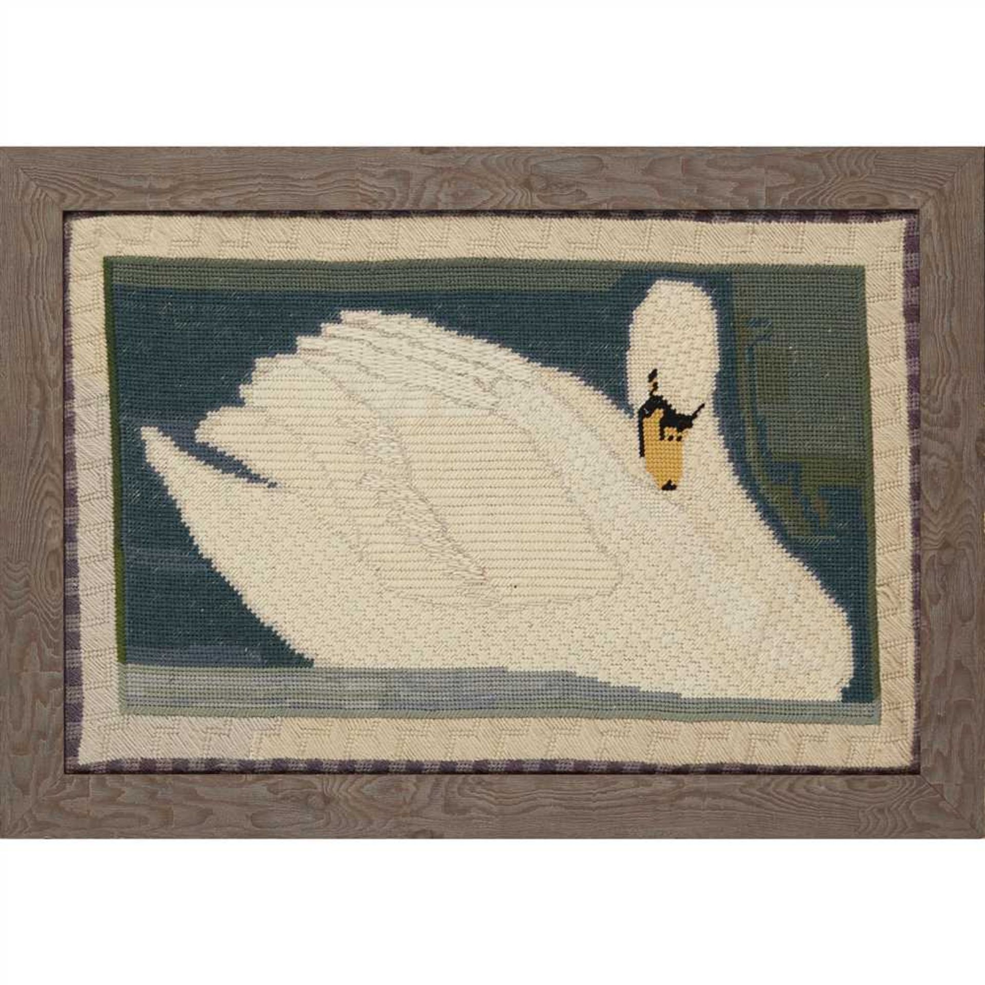 ENGLISH SCHOOL ARTS & CRAFTS EMBROIDERED WOOLWORK PANEL, CIRCA 1900 depicting a swan, coloured