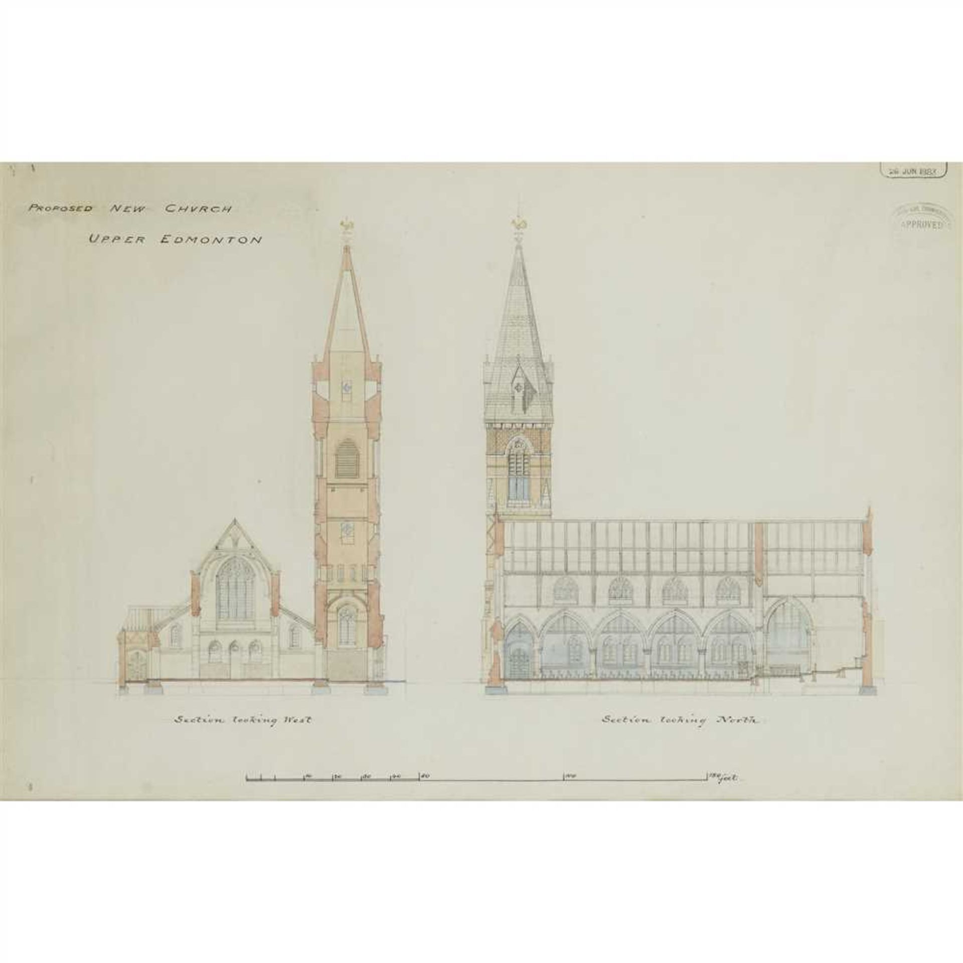 WILLIAM BUTTERFIELD (1814-1900) PROPOSED NEW CHURCH: UPPER EDMONTON, FOUR GOTHIC REVIVAL DRAWINGS, - Image 8 of 10