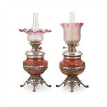 FRENCH SCHOOL PAIR OF AESTHETIC MOVEMENT CERAMIC AND SILVERED OIL LAMPS, CIRCA 1870 each with