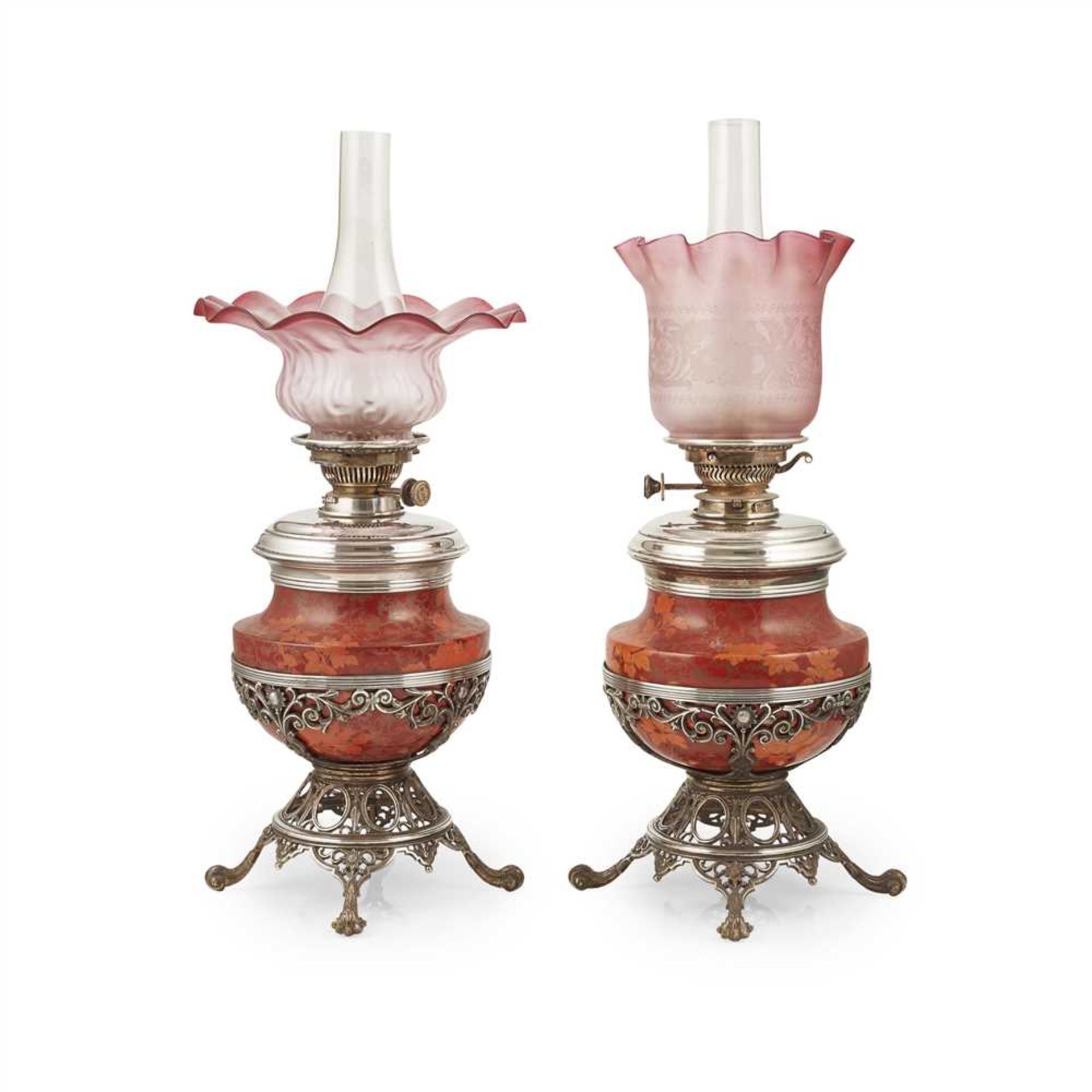 FRENCH SCHOOL PAIR OF AESTHETIC MOVEMENT CERAMIC AND SILVERED OIL LAMPS, CIRCA 1870 each with