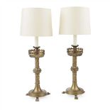 ENGLISH SCHOOL PAIR OF GOTHIC REVIVAL BRASS CANDLESTICKS CIRCA 1880 each with broad galleried trip