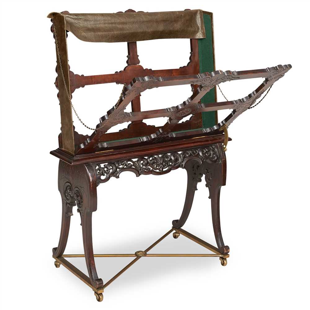 WILLIAM SMEE & SONS, LONDON ORIENTALIST STAINED BEECH FOLIO STAND, CIRCA 1890 with scroll-carved