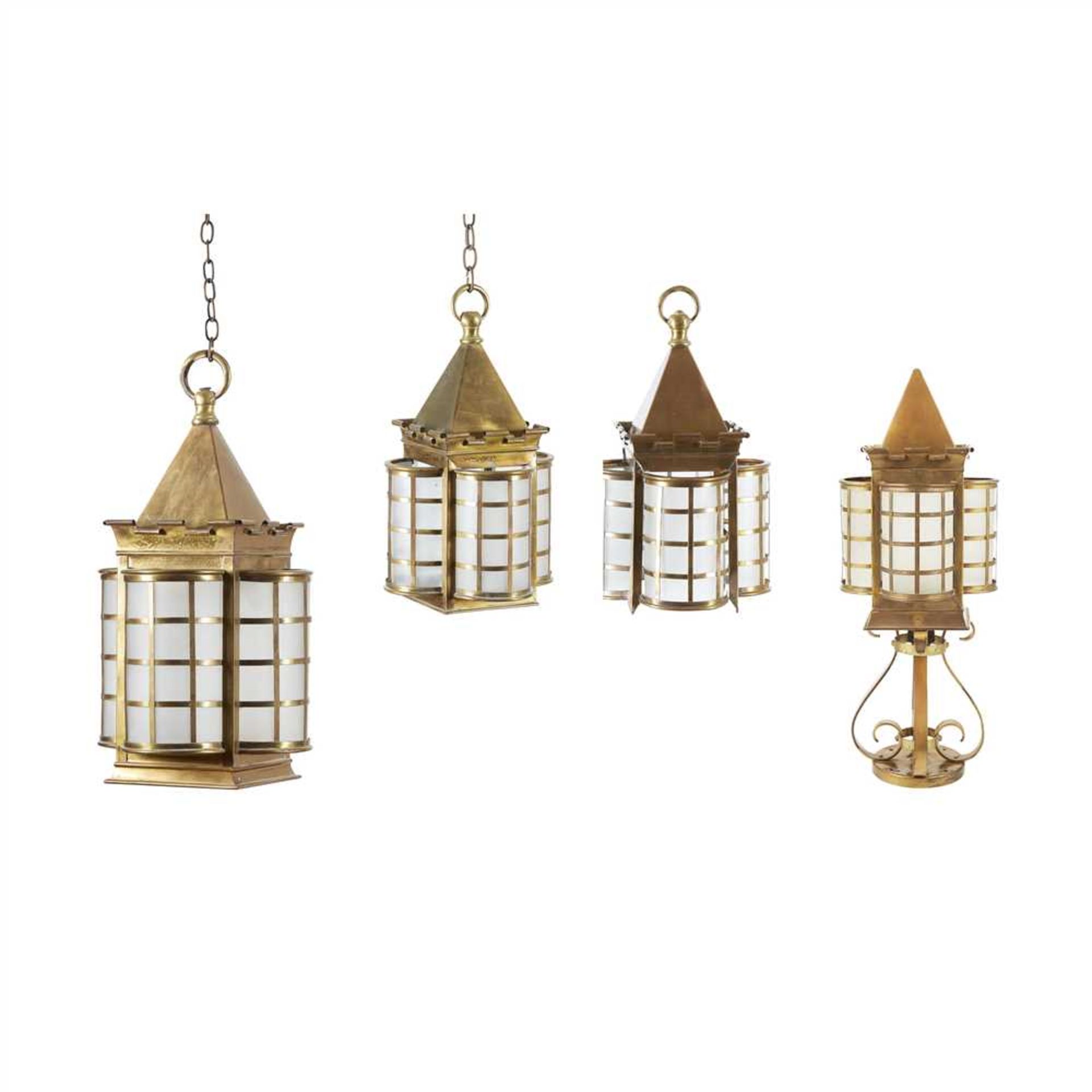 ENGLISH SCHOOL GROUP OF THREE ARTS & CRAFTS BRASS HANGING LANTERNS, CIRCA 1900 each with prism