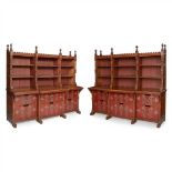 ENGLISH SCHOOL PAIR OF GOTHIC REVIVAL OAK BREAKFRONT BOOKCASE CABINETS, CIRCA 1890 each with