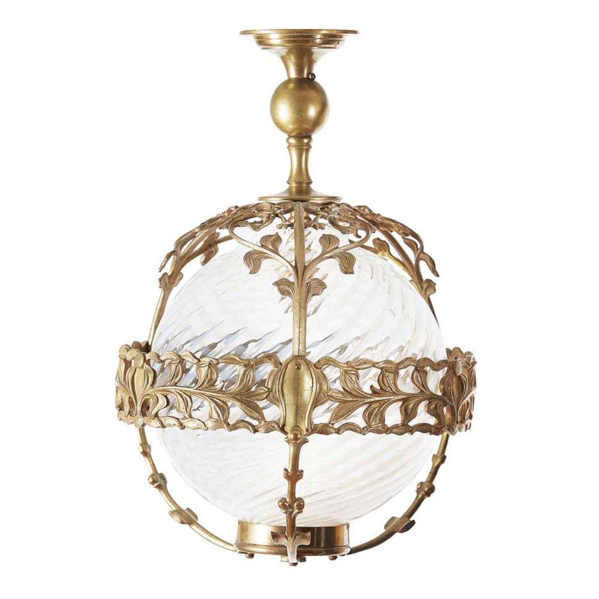 MANNER OF WILLIAM ARTHUR SMITH BENSON BRASS FRAMED CEILING LIGHT, CIRCA 1900 the frame cast with