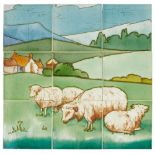 MANNER OF CHARLOTTE RHEAD LANDSCAPE TILE PANEL, CIRCA 1920 depicting sheep grazing in a landscape