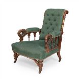 ENGLISH SCHOOL GOTHIC REVIVAL MAHOGANY AND PARCEL GILT GENTLEMAN'S ARMCHAIR, CIRCA 1870 the later