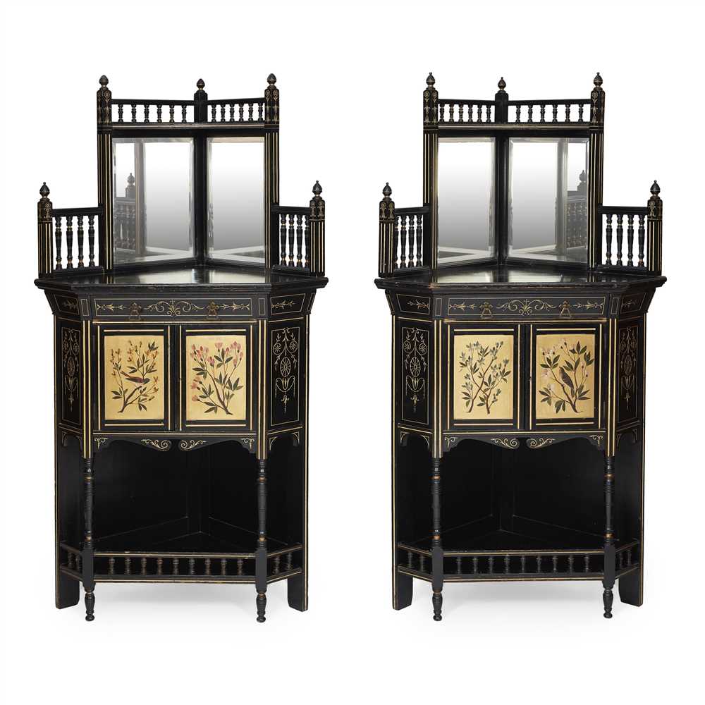 ENGLISH SCHOOL PAIR OF AESTHETIC MOVEMENT EBONISED AND PAINTED CORNER CABINETS, CIRCA 1880 with