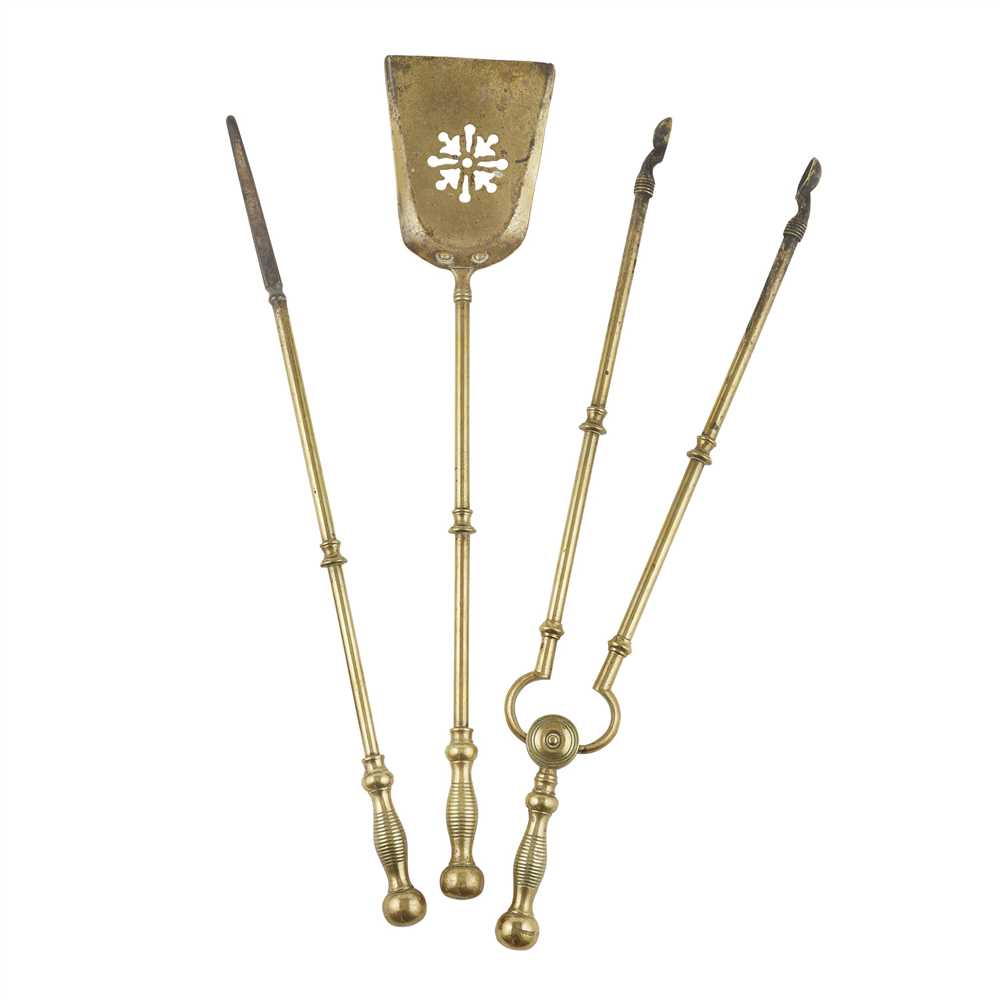 ENGLISH SCHOOL SET OF THREE ARTS & CRAFTS BRASS AND WROUGHT IRON FIRE IRONS, CIRCA 1900 comprising a - Image 2 of 3