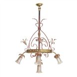 ENGLISH SCHOOL GOTHIC REVIVAL BRASS, COPPER AND PATINATED WROUGHT IRON CHANDELIER, CIRCA 1880 the