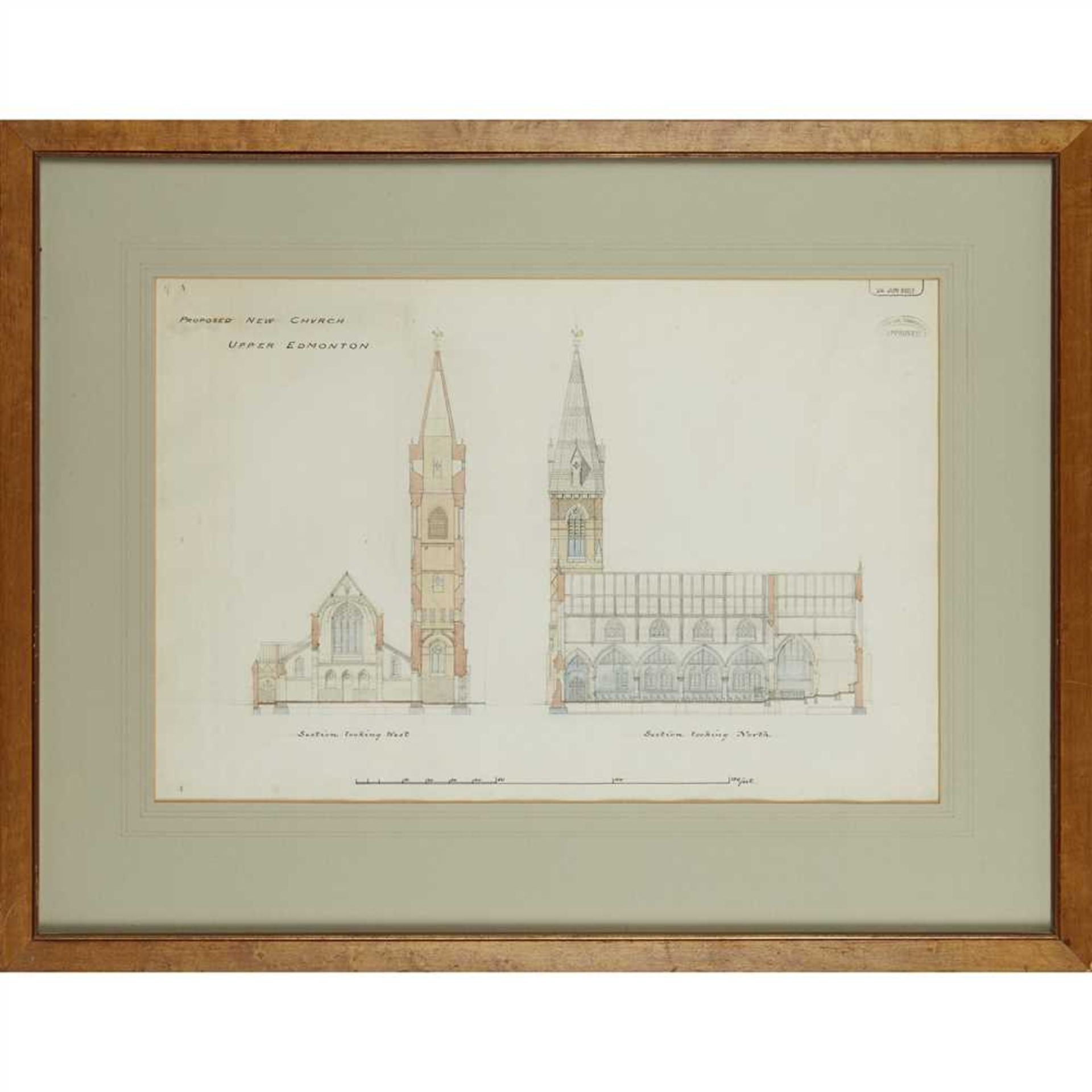 WILLIAM BUTTERFIELD (1814-1900) PROPOSED NEW CHURCH: UPPER EDMONTON, FOUR GOTHIC REVIVAL DRAWINGS, - Image 2 of 10