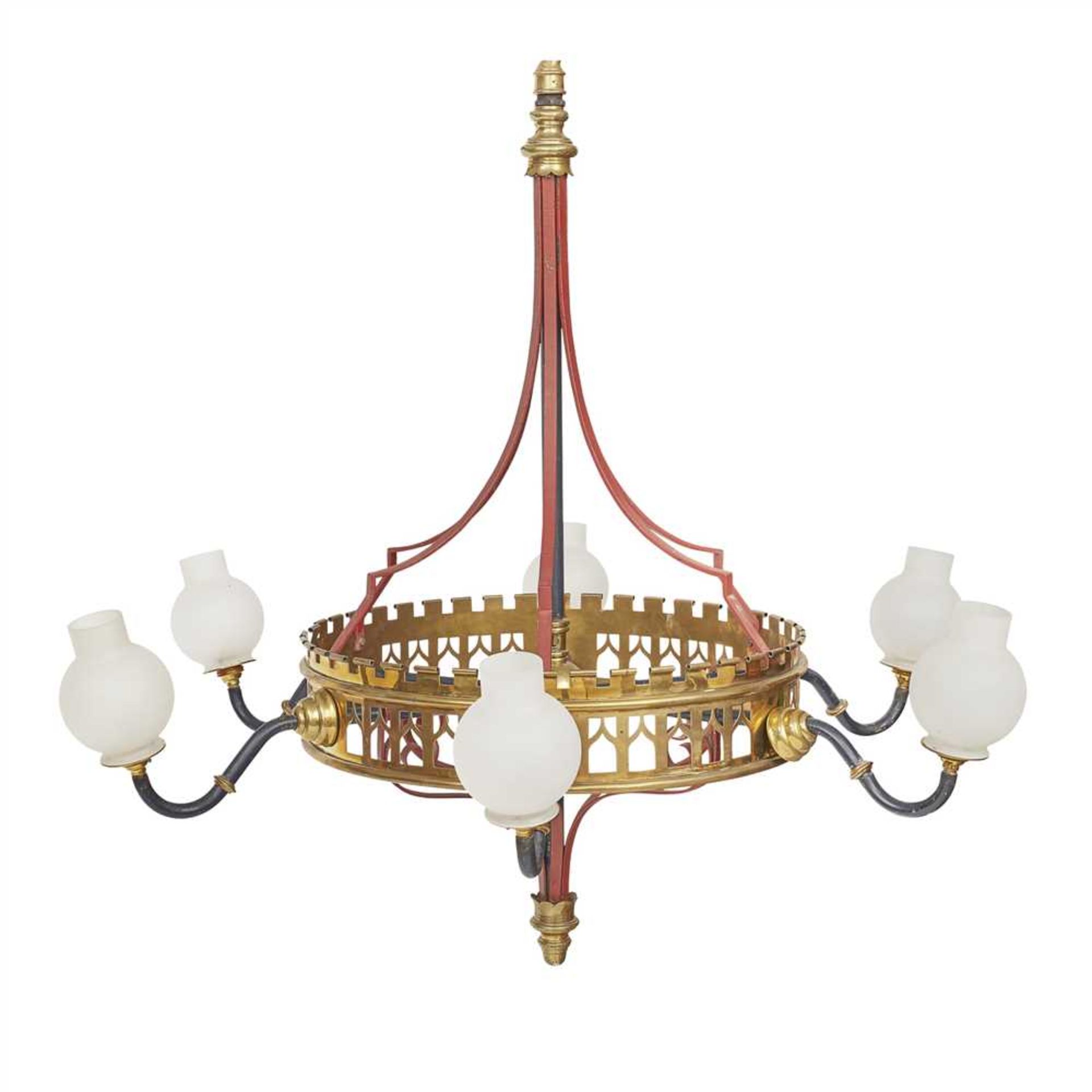 ENGLISH SCHOOL PAIR OF GOTHIC REVIVAL BRASS AND WROUGHT IRON CANDELABRA, CIRCA 1880 converted to - Image 3 of 3
