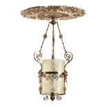 ENGLISH SCHOOL AESTHETIC MOVEMENT BRASS AND COPPER FRAMED CEILING LIGHT, CIRCA 1880 with cylindrical