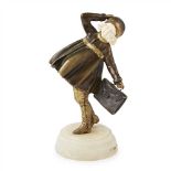 Y DEMETRE H. CHIPARUS (1886-1947) 'WINDY DAY' BRONZE AND IVORY FIGURE, CIRCA 1920 with gilded