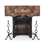 ENGLISH SCHOOL ARTS & CRAFTS COPPER AND WROUGHT IRON FIREPLACE, CIRCA 1900 the hood with repoussé