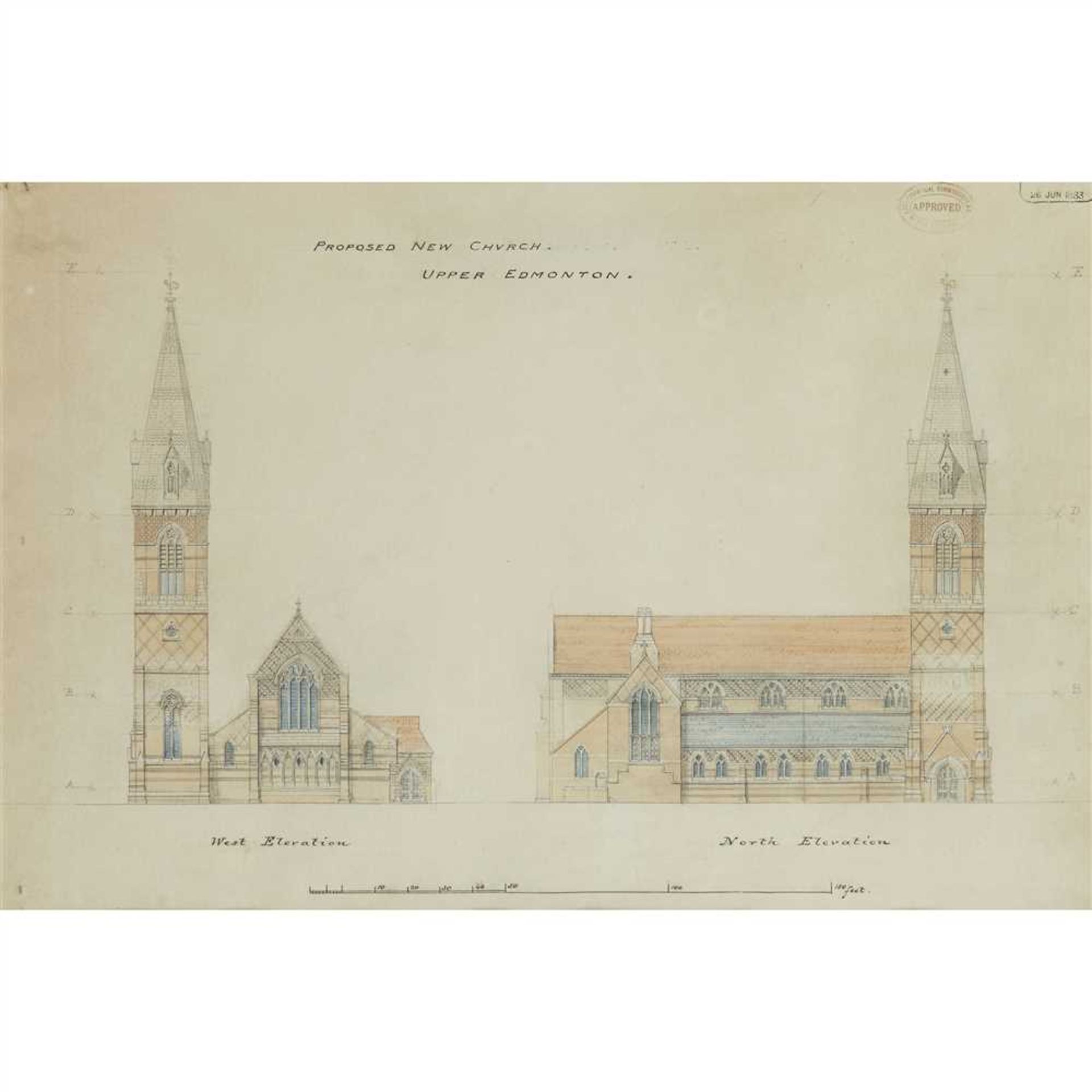WILLIAM BUTTERFIELD (1814-1900) PROPOSED NEW CHURCH: UPPER EDMONTON, FOUR GOTHIC REVIVAL DRAWINGS, - Image 6 of 10