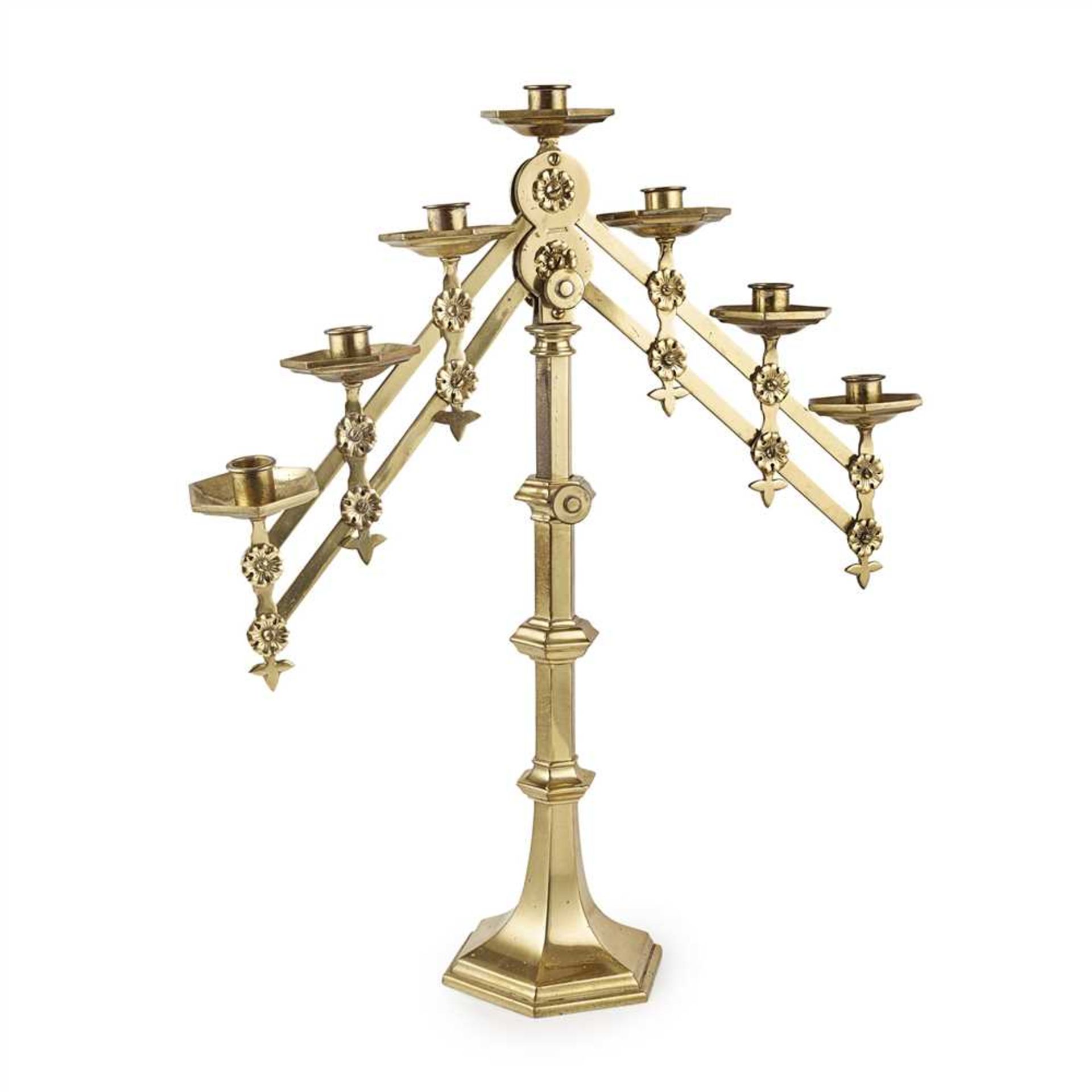 ENGLISH SCHOOL PAIR OF GOTHIC REVIVAL EXTENDING BRASS CANDELABRA, CIRCA 1880 each with six - Image 2 of 3